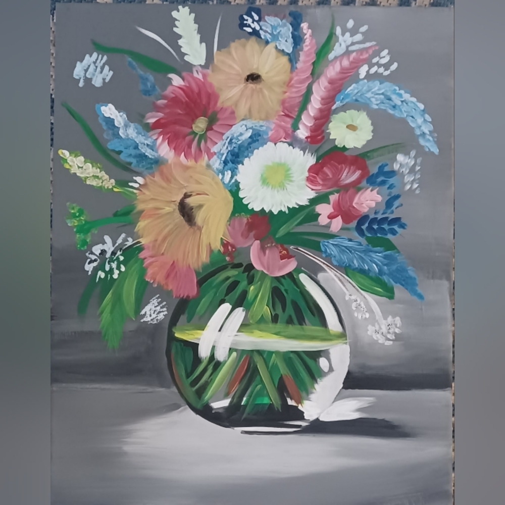 Original Acrylic Bright Garden Bouquet Painting in Glass Vase